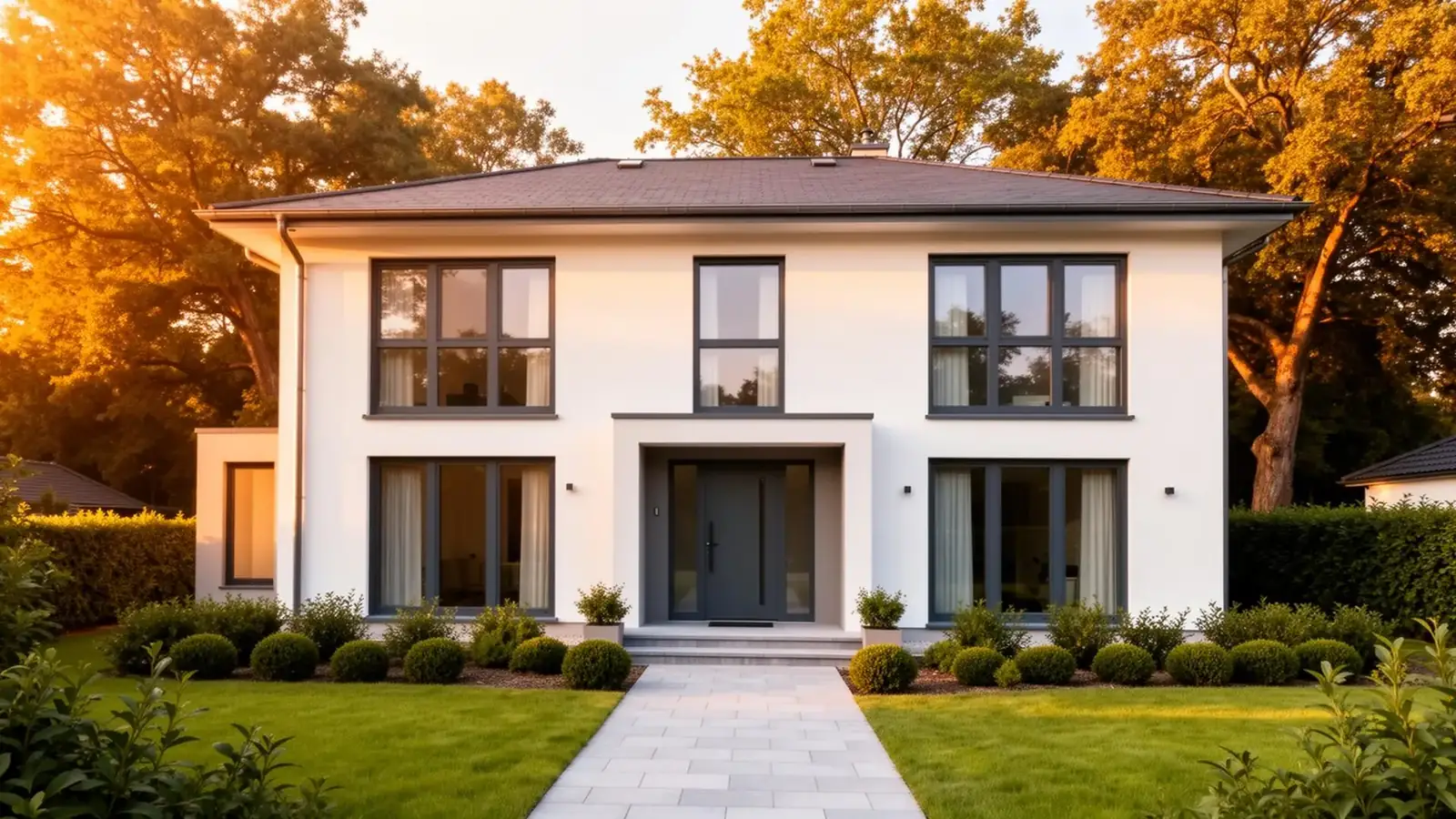 Modernisiertes Einfamilienhaus mit gepflegtem Vorgarten im Abendlicht