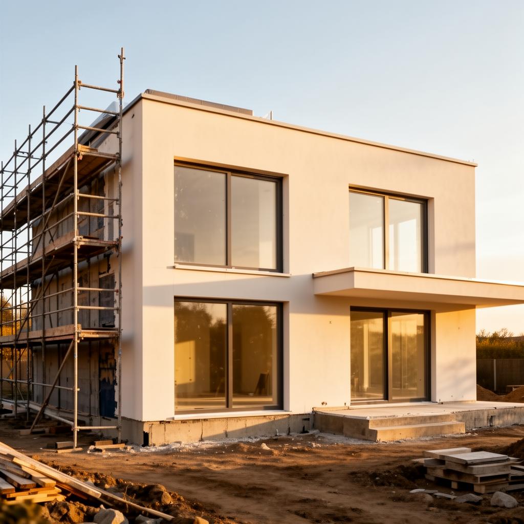 Modernes Wohnhaus im Bau mit Gerüst und neuer Fassade
