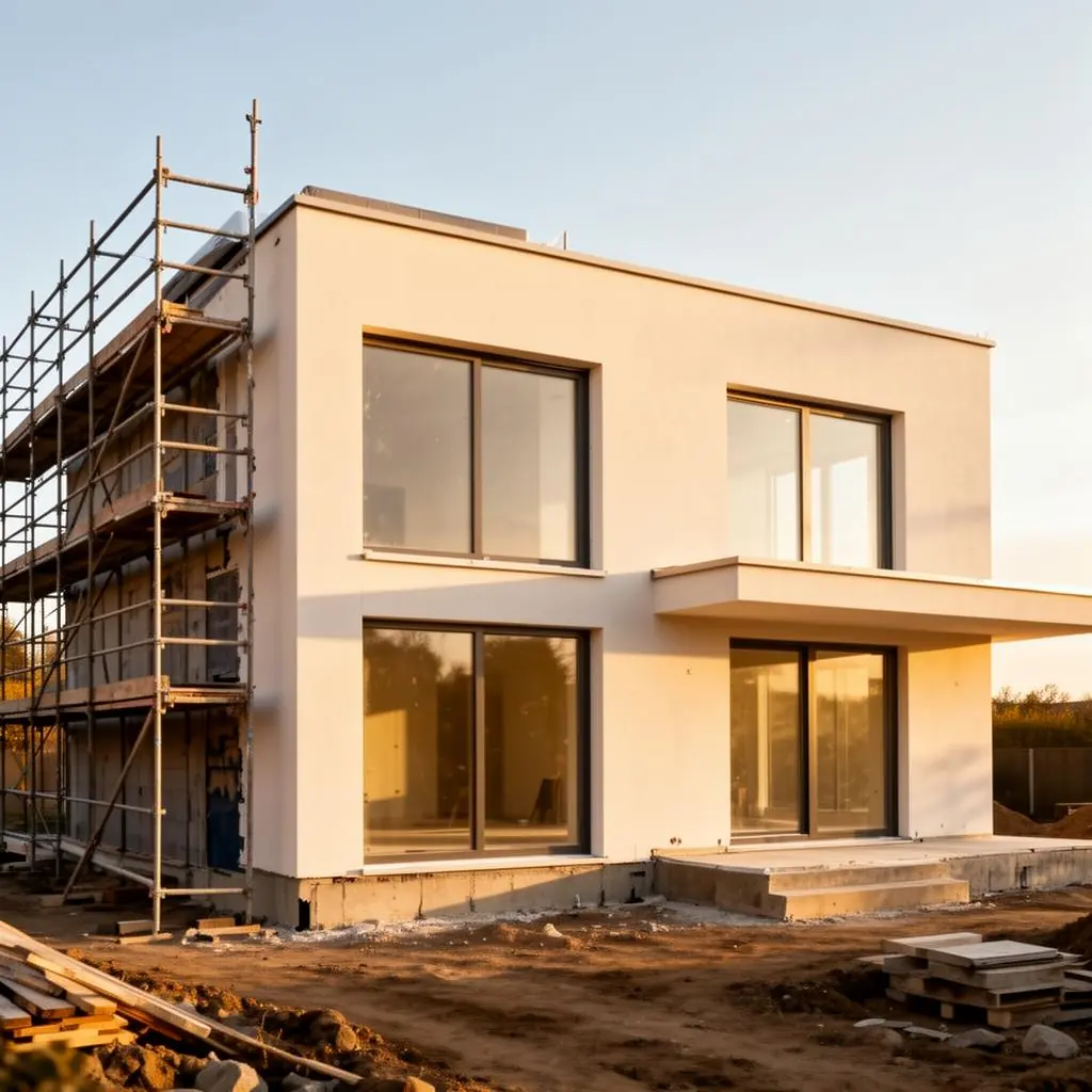 Modernes Wohnhaus im Bau mit Gerüst und neuer Fassade